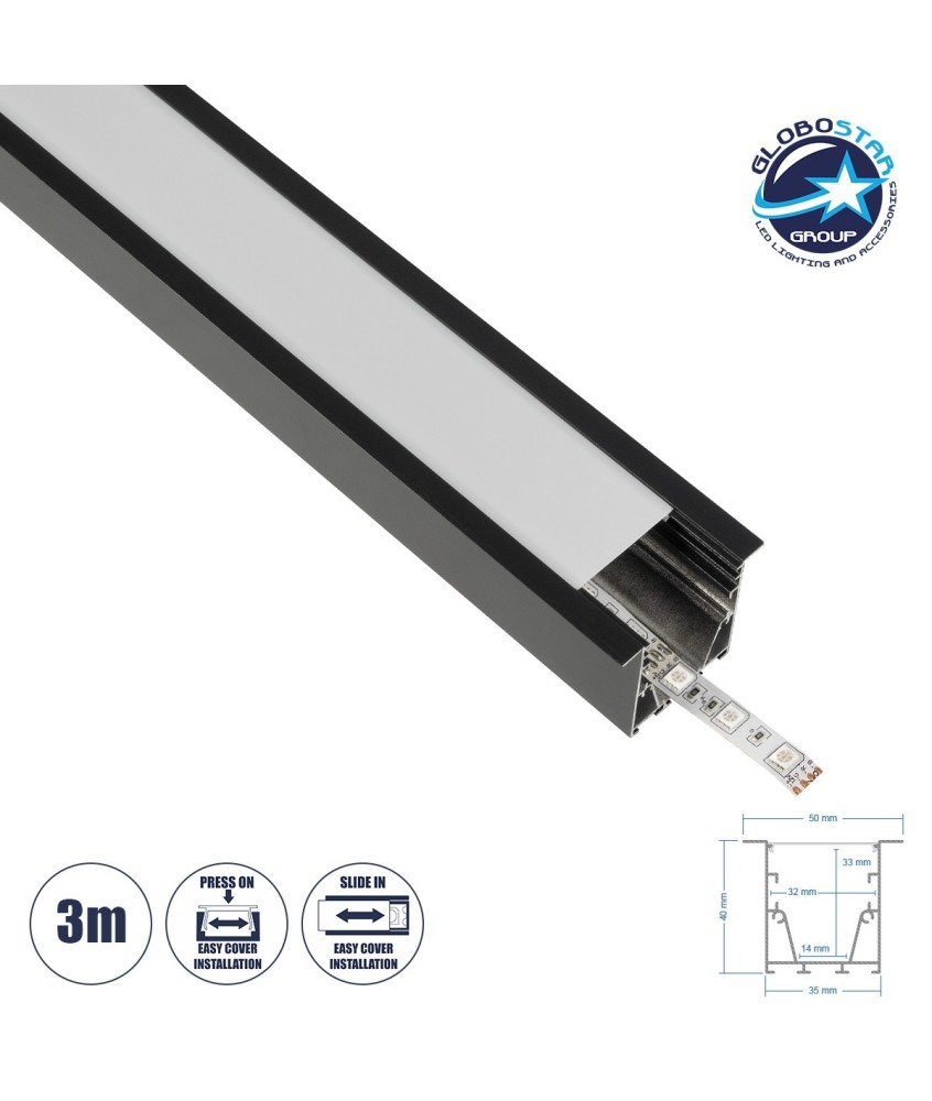 GLOBOSTAR® ALP-LINEAR RECESSA 61786-3M Χωνευτό Προφίλ Αλουμινίου με Λευκό Γαλακτερό Πατητό Κάλυμμα για Ταινίες LED IP20 - Μαύρο Ματ - Μ300 x Π3.5 x Υ4cm